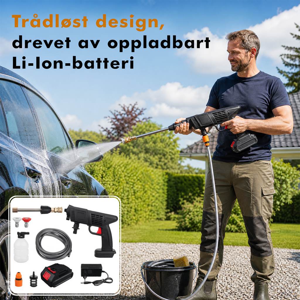 Rengjør bilen, hagen, båten, terrassen og oppkjørselen – raskt, enkelt og helt trådløst!